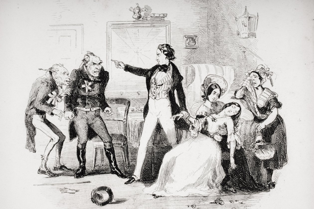 Nicholas congratulates Arthur Gride on his wedding morning, illustration from 