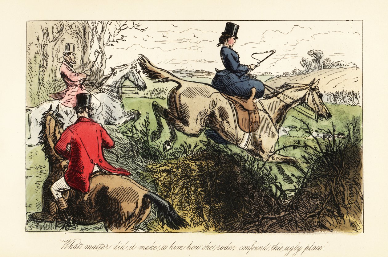English huntswoman jumping sidesaddle over a fence by after Hablot Knight Browne