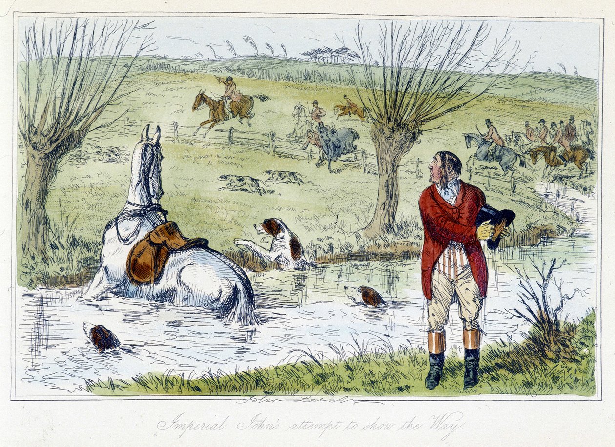 Hunter and His Horse Fall in a Wateryard. English Caricature on the Fox Hunt from the 