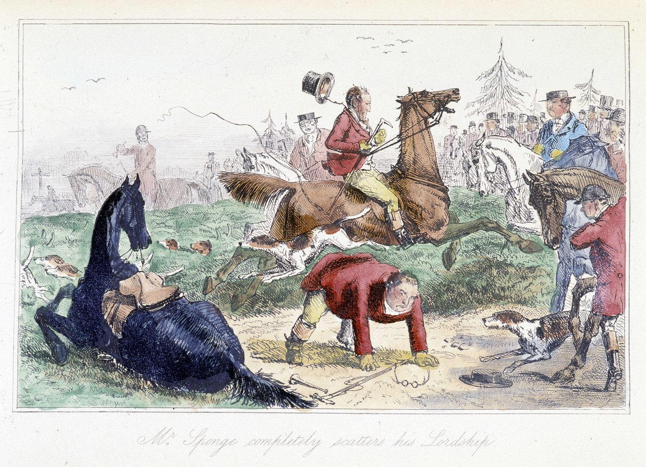Hunter falls from his horse. English cartoon from the adventures of Thomas Scott or Hawbuck Grange, illustration by H.K. Browne and W.T. Maud by Hablot Knight Browne