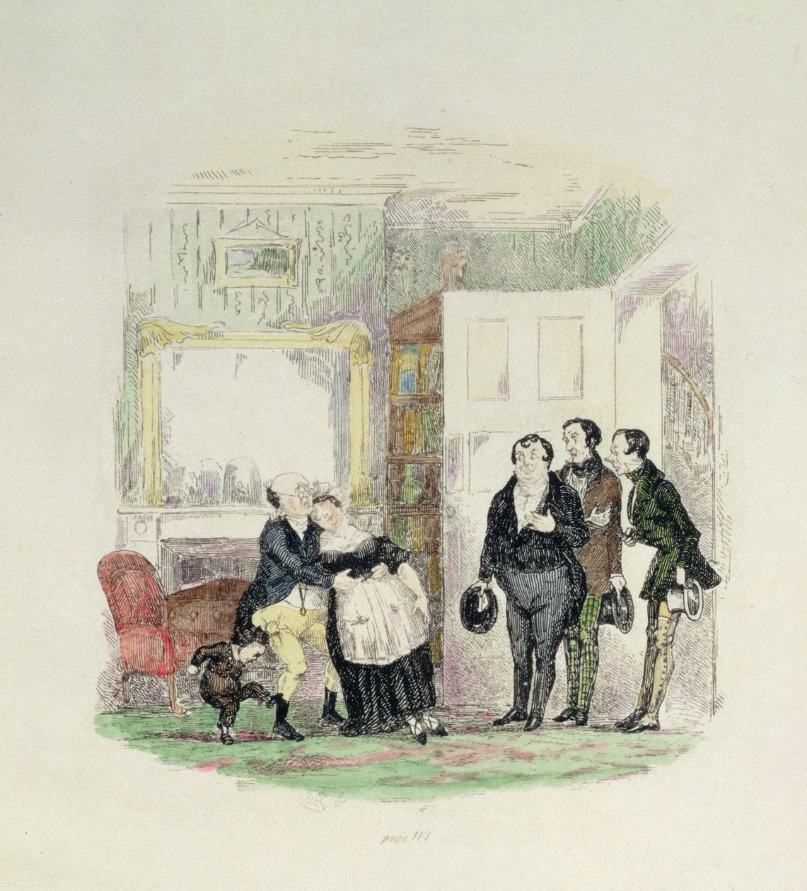 Mr Pickwick is Found by His Friends with Mrs Bardell in His Arms, Illustration from 