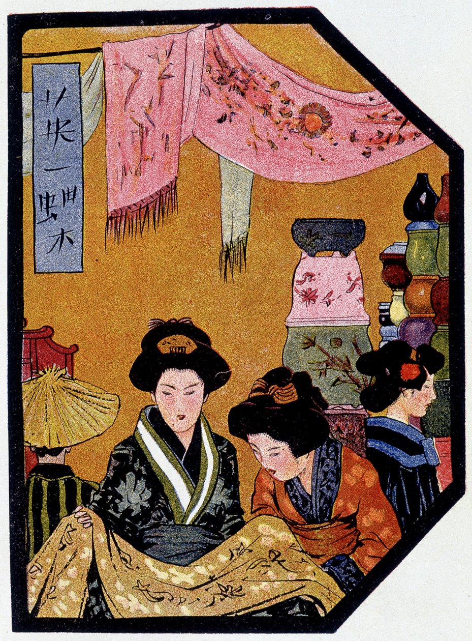 Young Japanese in silk shops by Hanabusa Itcho