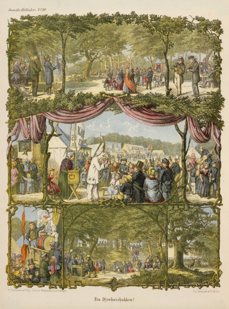Scene from a Danish county fair, Fra Dyrehavsbakken, from a broadsheet published by Michaelsen & Tillage, 1850 by Hans Christian Ley