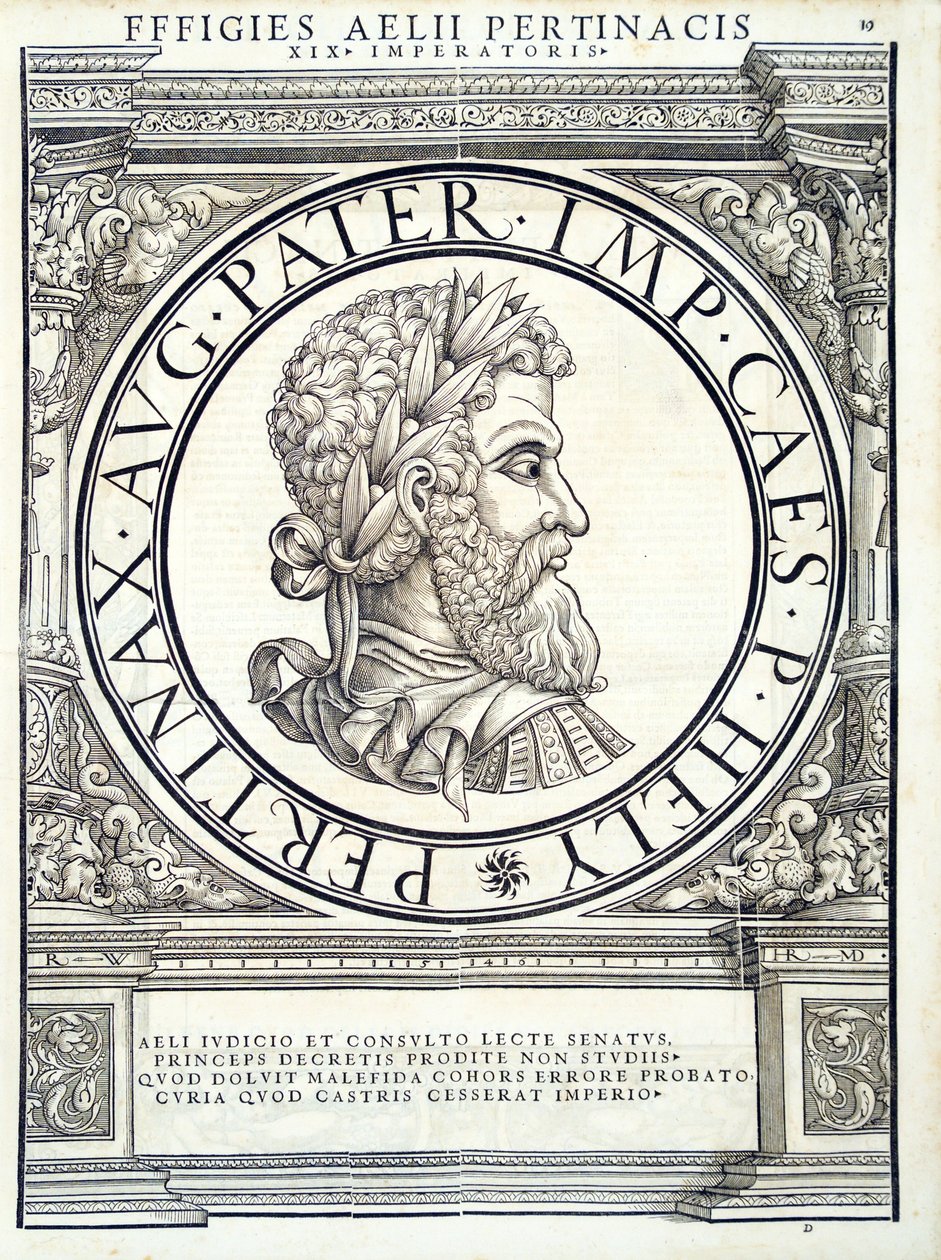 Aelius Pertinax, illustration from Imperatorum Romanorum Omnium Orientalium et Occidentalium Verissimae Imagines ex Antiquis Numismatis by Hans Rudolf Manuel Deutsch