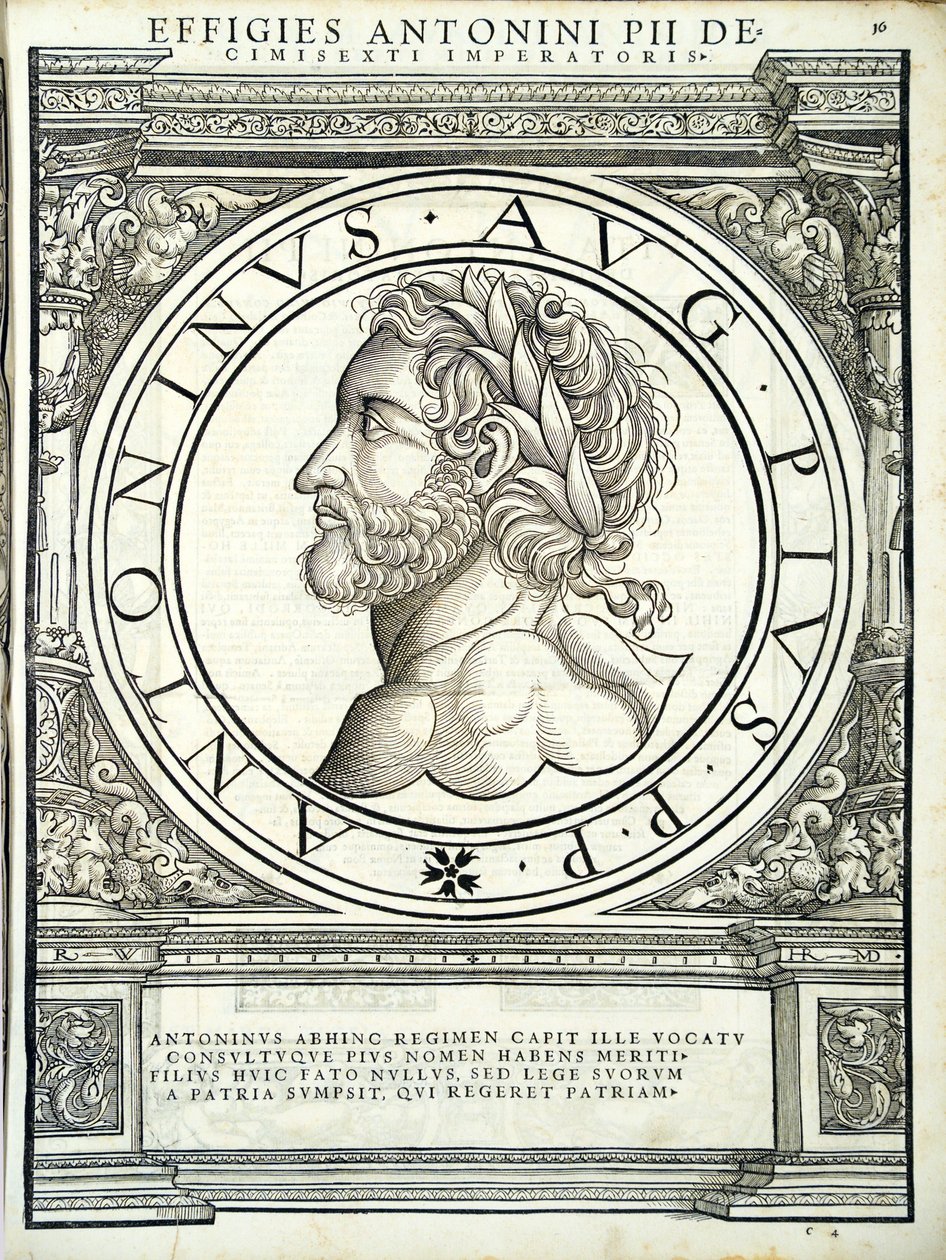 Antoninus Pius, illustration from Imperatorum Romanorum Omnium Orientalium et Occidentalium Verissimae Imagines ex Antiquis Numismatis by Hans Rudolf Manuel Deutsch