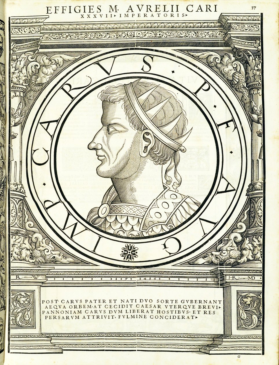 Carus, illustration from Imperatorum Romanorum Omnium Orientalium et Occidentalium Verissimae Imagines ex Antiquis Numismatis by Hans Rudolf Manuel Deutsch