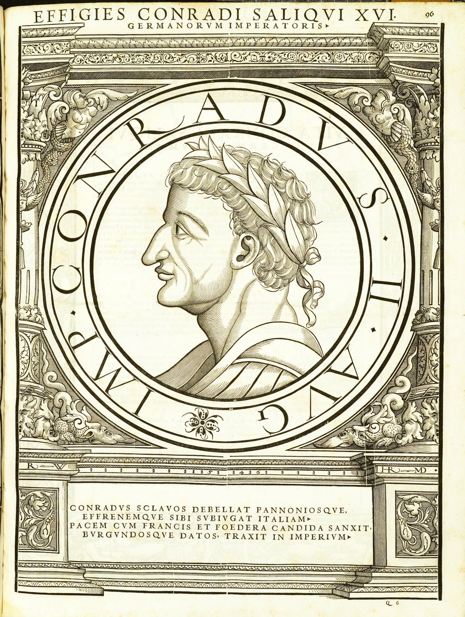 Conradus II Saliquus, illustration from Imperatorum Romanorum Omnium Orientalium et Occidentalium Verissimae Imagines ex Antiquis Numismatis by Hans Rudolf Manuel Deutsch