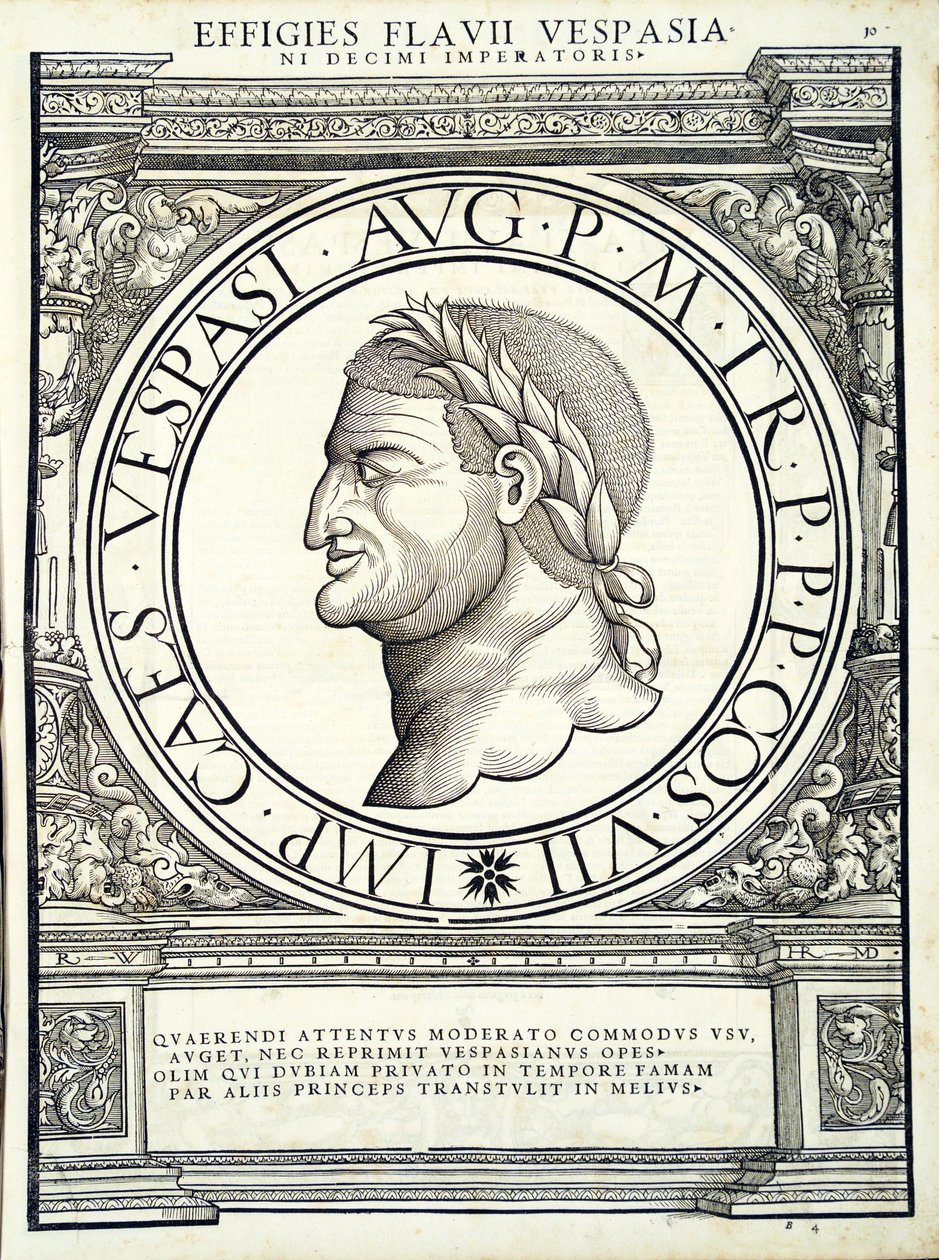 Flavius Vespasianus, illustration from Imperatorum romanorum omnium orientalium et occidentalium verissimae imagines ex antiquis numismatis by Hans Rudolf Manuel Deutsch