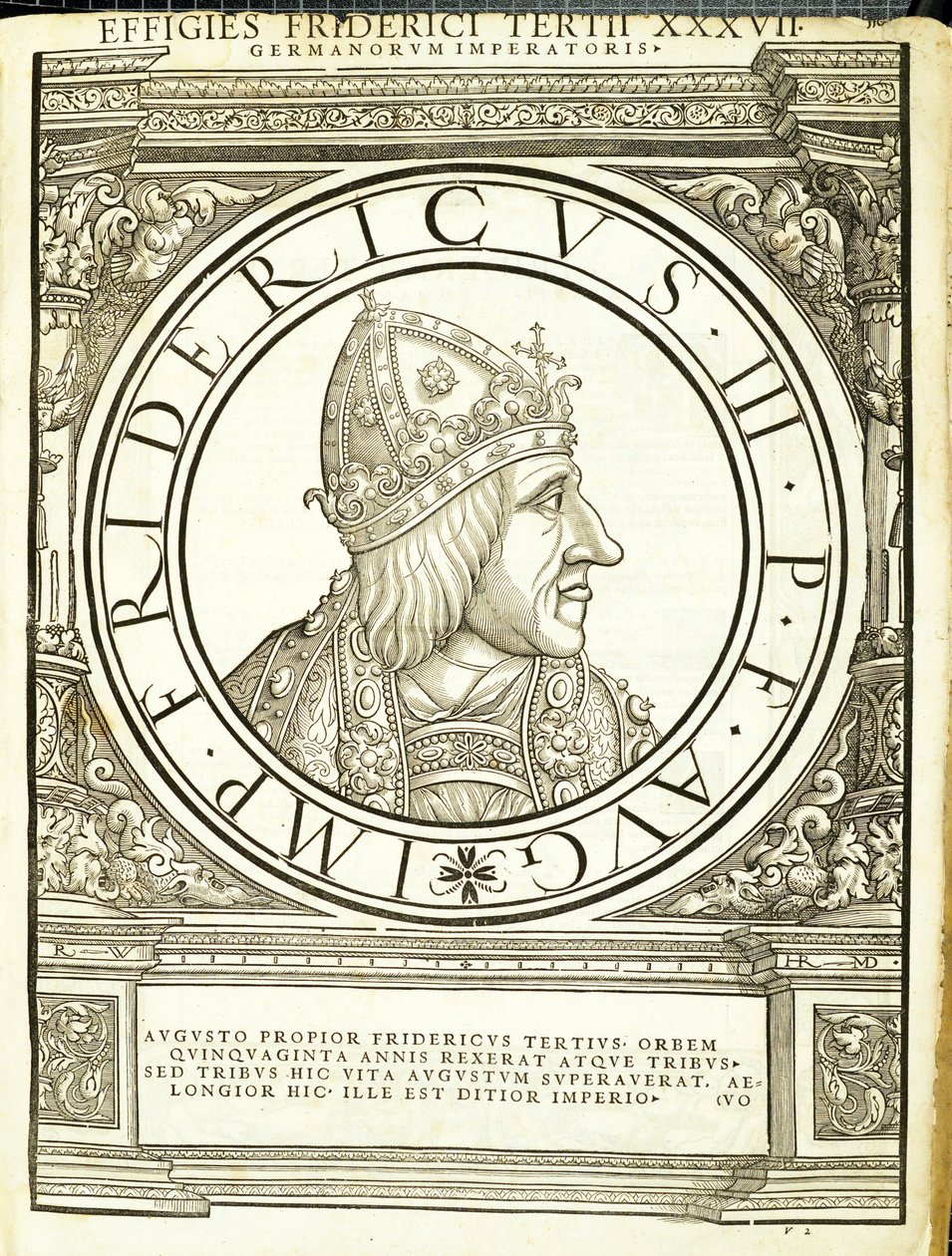 Fridericus III, illustration from Imperatorum Romanorum Omnium Orientalium et Occidentalium Verissimae Imagines ex Antiquis Numismatis by Hans Rudolf Manuel Deutsch