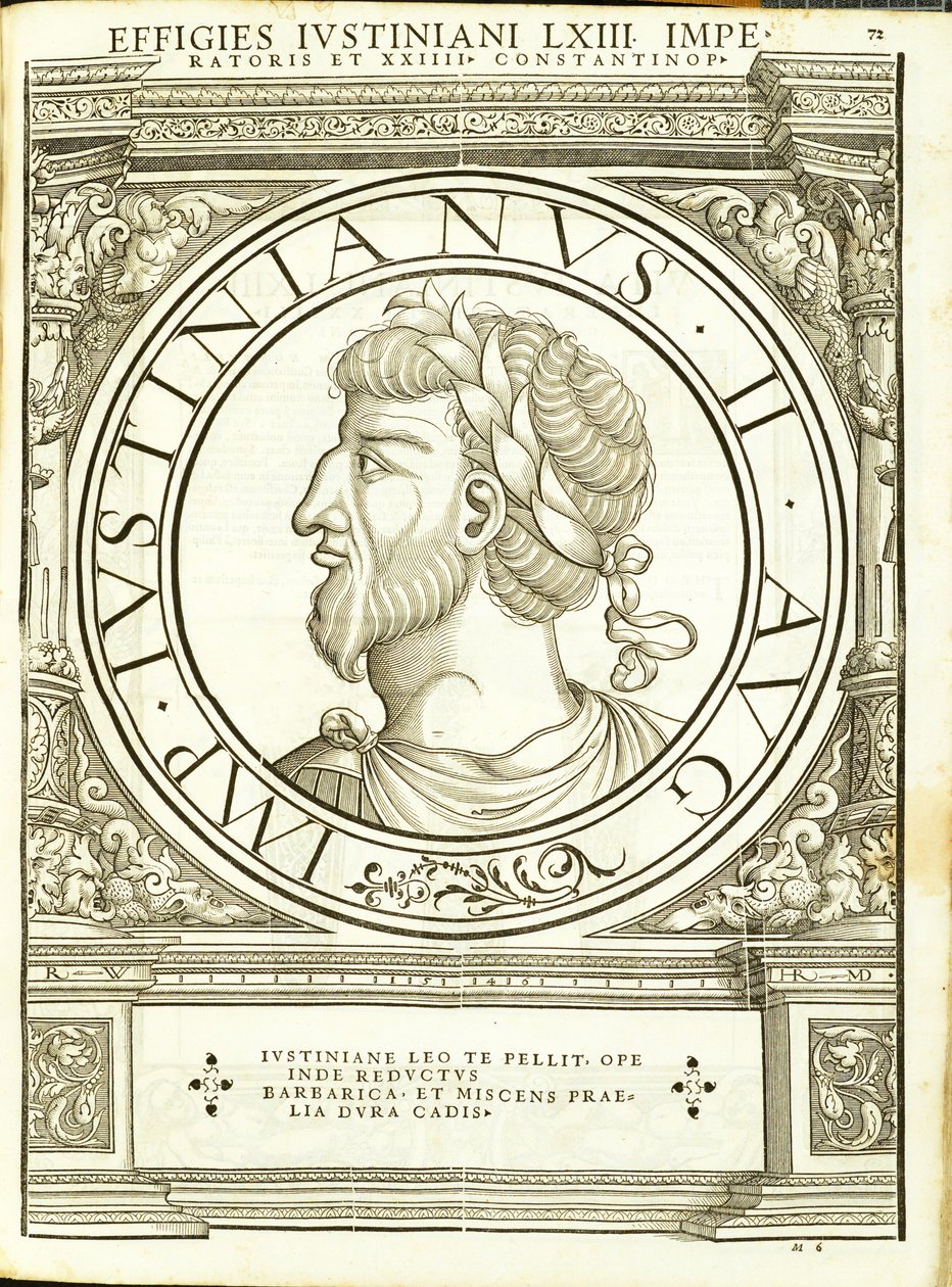 Iustinianus II, illustration from Imperatorum Romanorum Omnium Orientalium et Occidentalium Verissimae Imagines ex Antiquis Numismatis by Hans Rudolf Manuel Deutsch