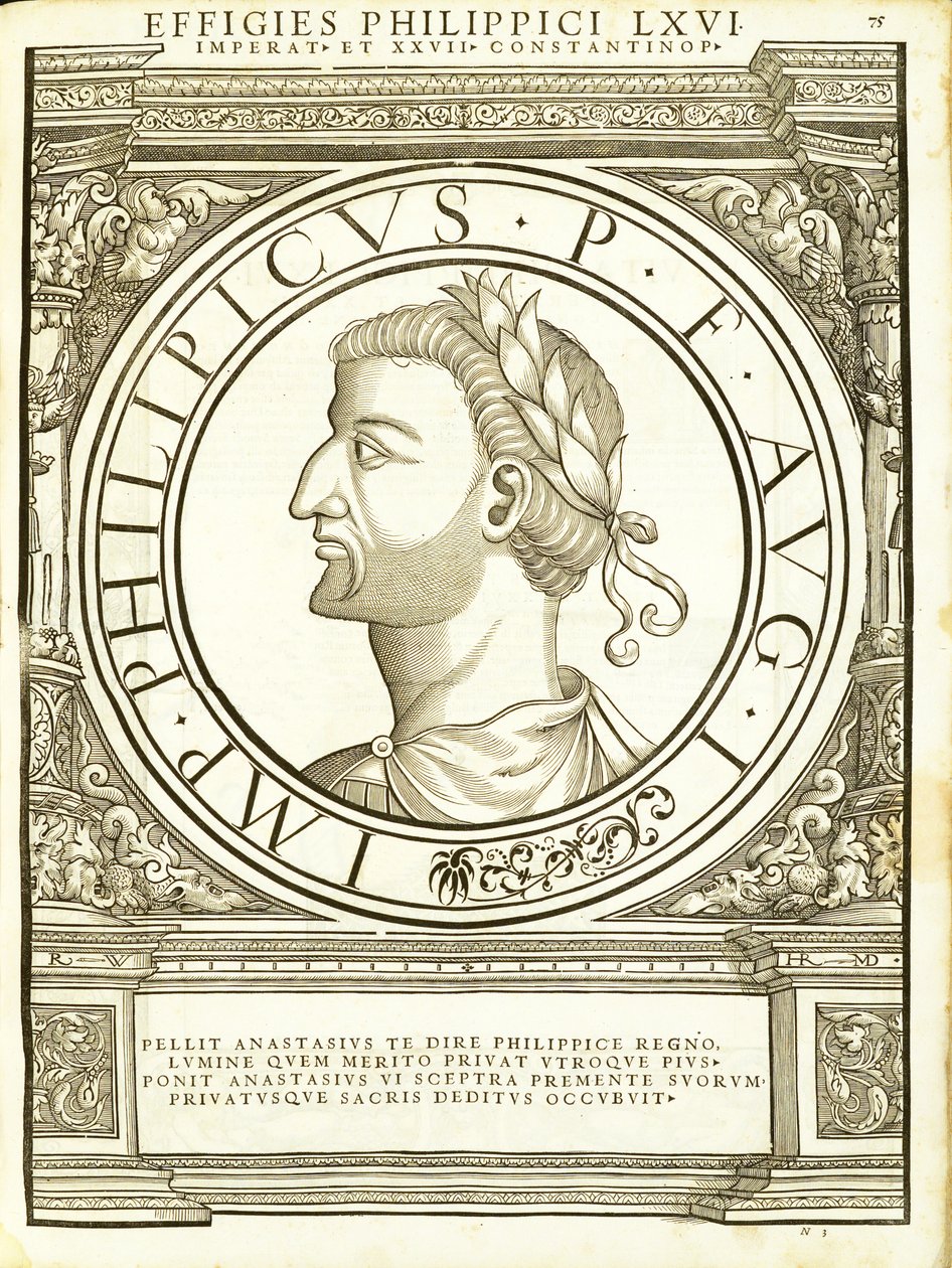 Philippicus, illustration from Imperatorum Romanorum Omnium Orientalium et Occidentalium Verissimae Imagines ex Antiquis Numismatis by Hans Rudolf Manuel Deutsch