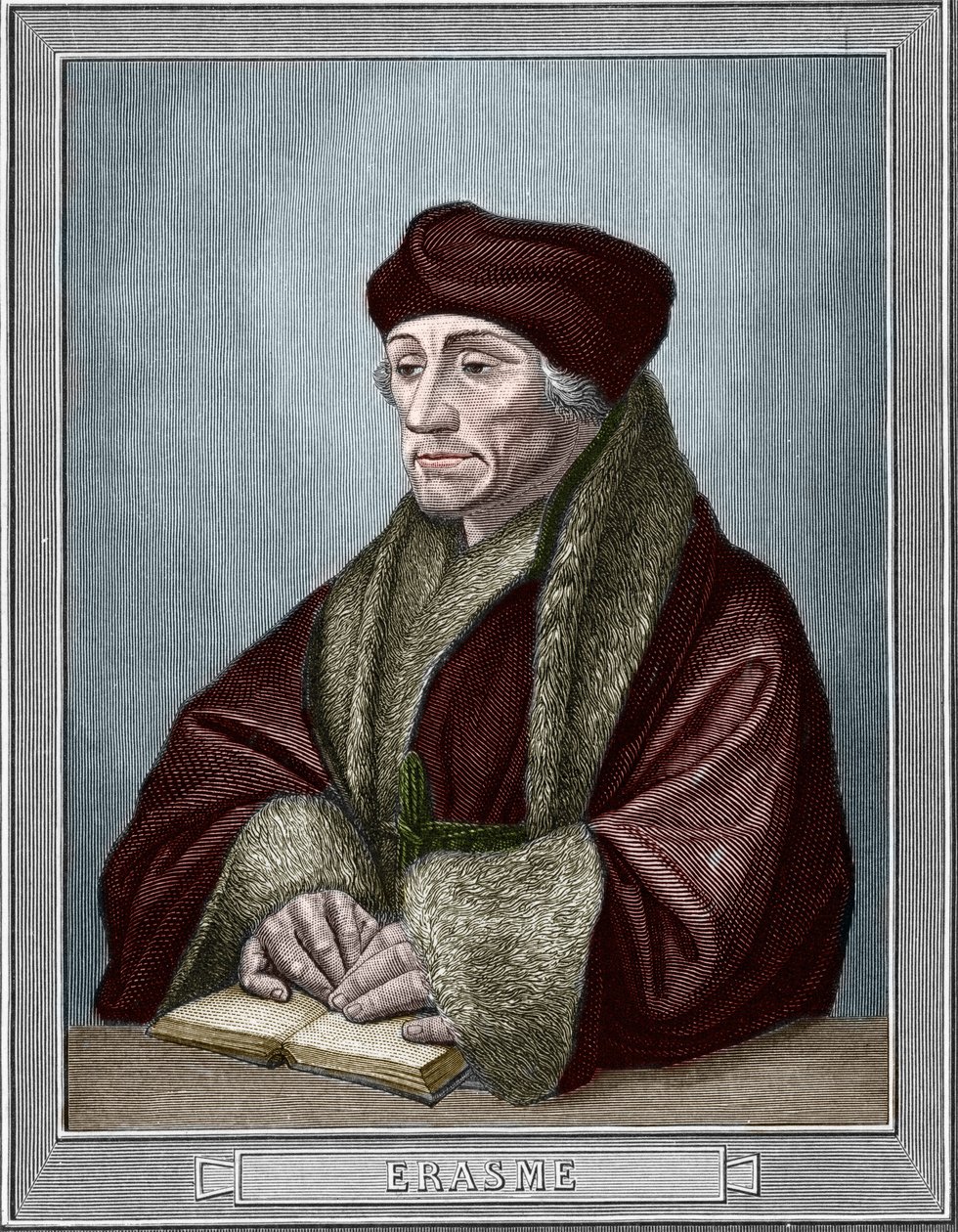 Portrait of Erasmus of Rotterdam, Dutch humanist. Engraving after Holbein the Younger. Engraving of 1859 in 