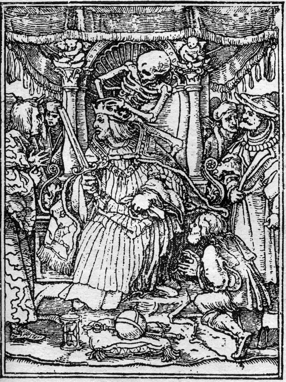 The Simulacrons of the Death of Hans Holbein the Young: The Emperor. While Death Takes Away the Crown of the Emperor, a Peasant Begs Him for Justice. Engraving by Hans (after) Holbein the Younger