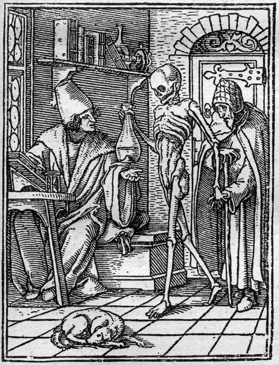 The Simulacra of the Death of Hans Holbein the Younger (1497-1543): The Doctor. Death comes between the doctor and his patient. Engraving by Hans (after) Holbein the Younger