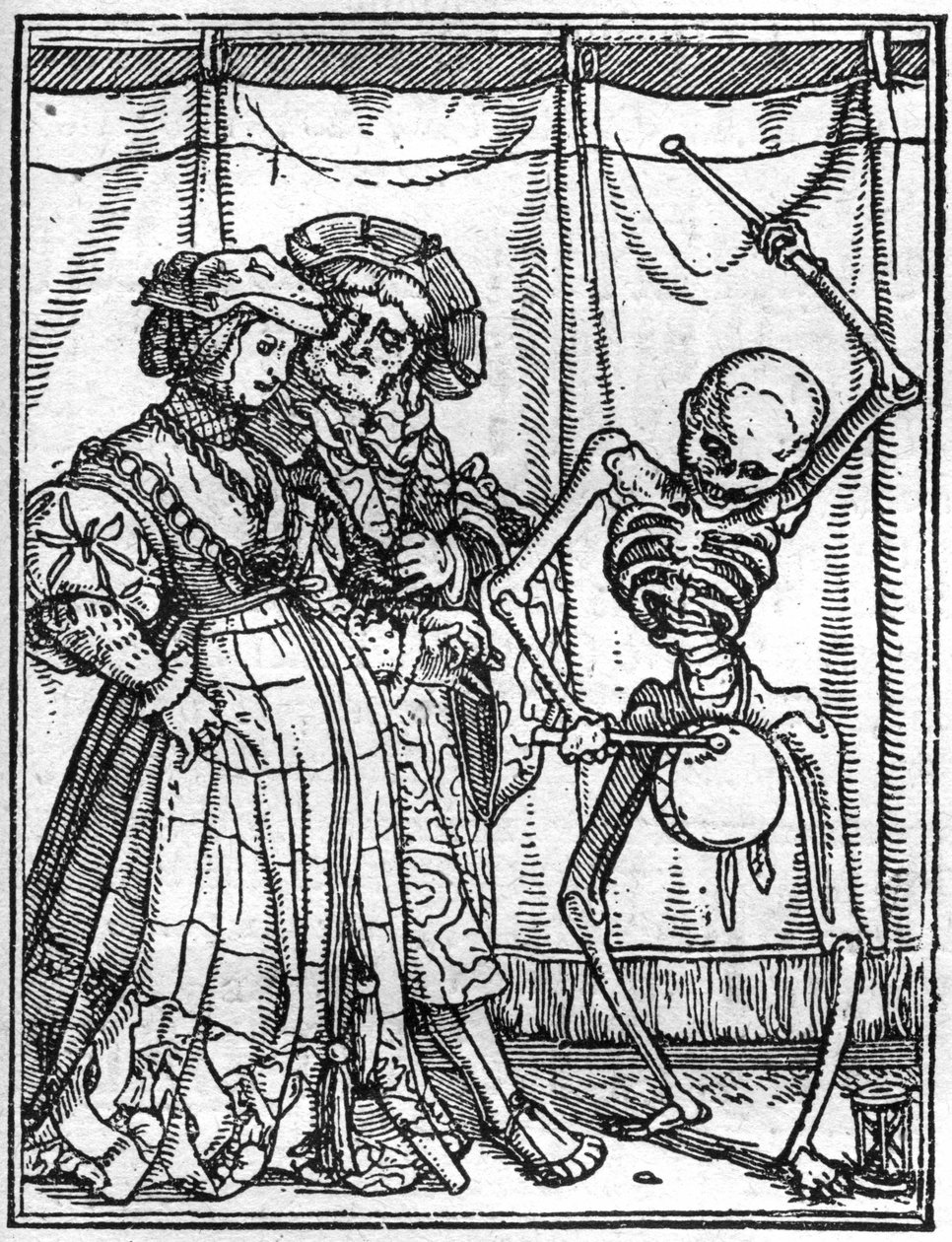 The Simulacra of Death by Hans Holbein the Younger: The Husbands. Death plays the drum in front of a couple. Engraving. by Hans (after) Holbein the Younger