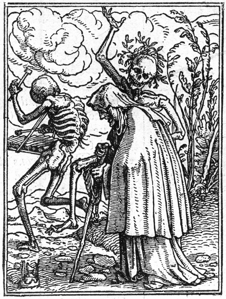 The Simulacra of Death by Hans Holbein the Younger: The Old. Death accompanies an old lady to her destiny. Engraving. by Hans (after) Holbein the Younger