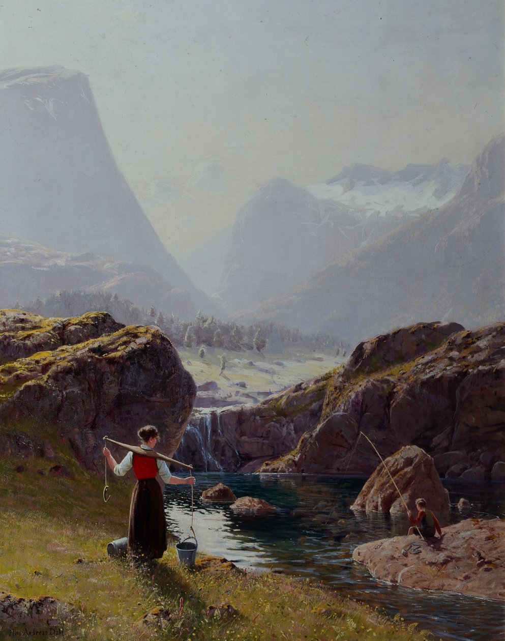 Girl with Buckets of Water and Boy Fishing by Hans Andreas Dahl