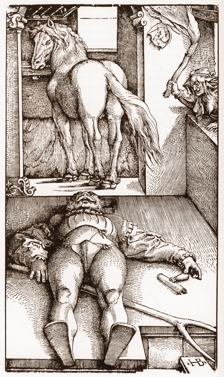 The bewitched palefrenier - (Sleeping Groom and Sorceress) wood engraving by Hans Baldung Grien circa 1544 by Hans Baldung Grien