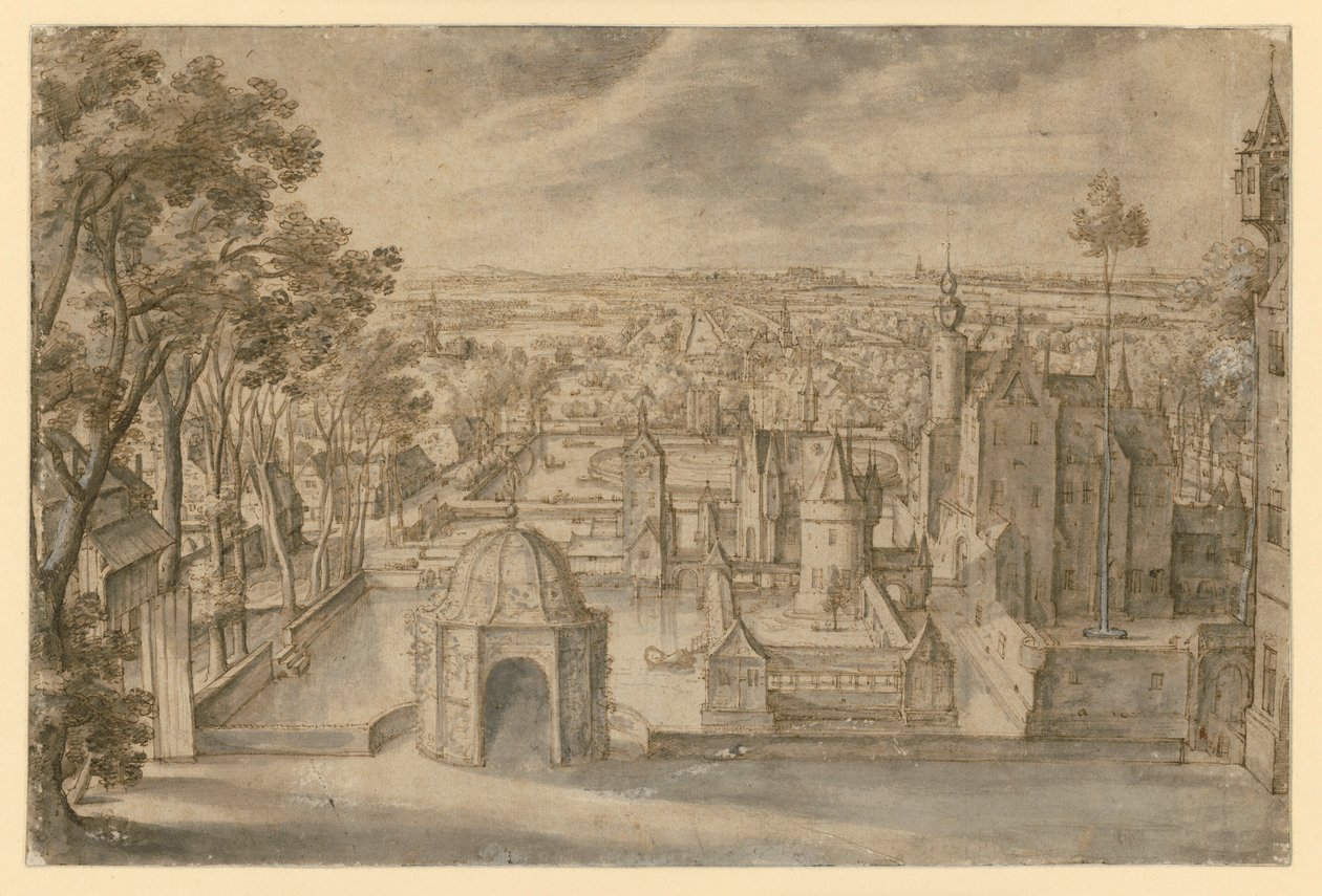 A Castle with Several Towers in a Wide Flat Landscape Between Ponds. A Round Garden Pavilion in the Middle of the Foreground. An Avenue on the Left by Hans Bol