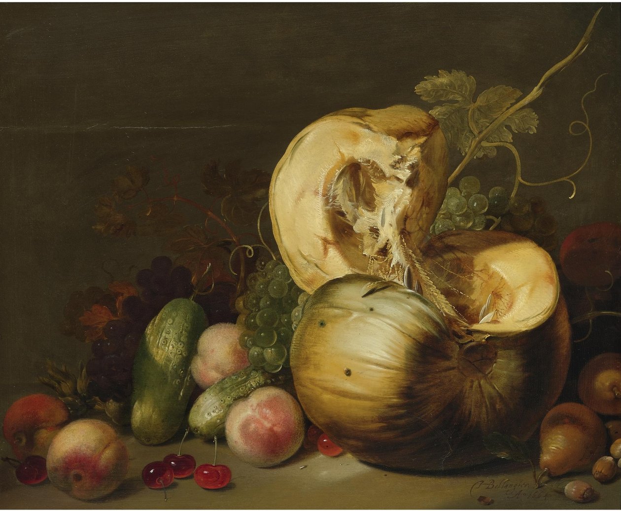 Still Life with a Pumpkin, Peaches, Grapes, Cherries and Other Fruit by Hans Bollongier