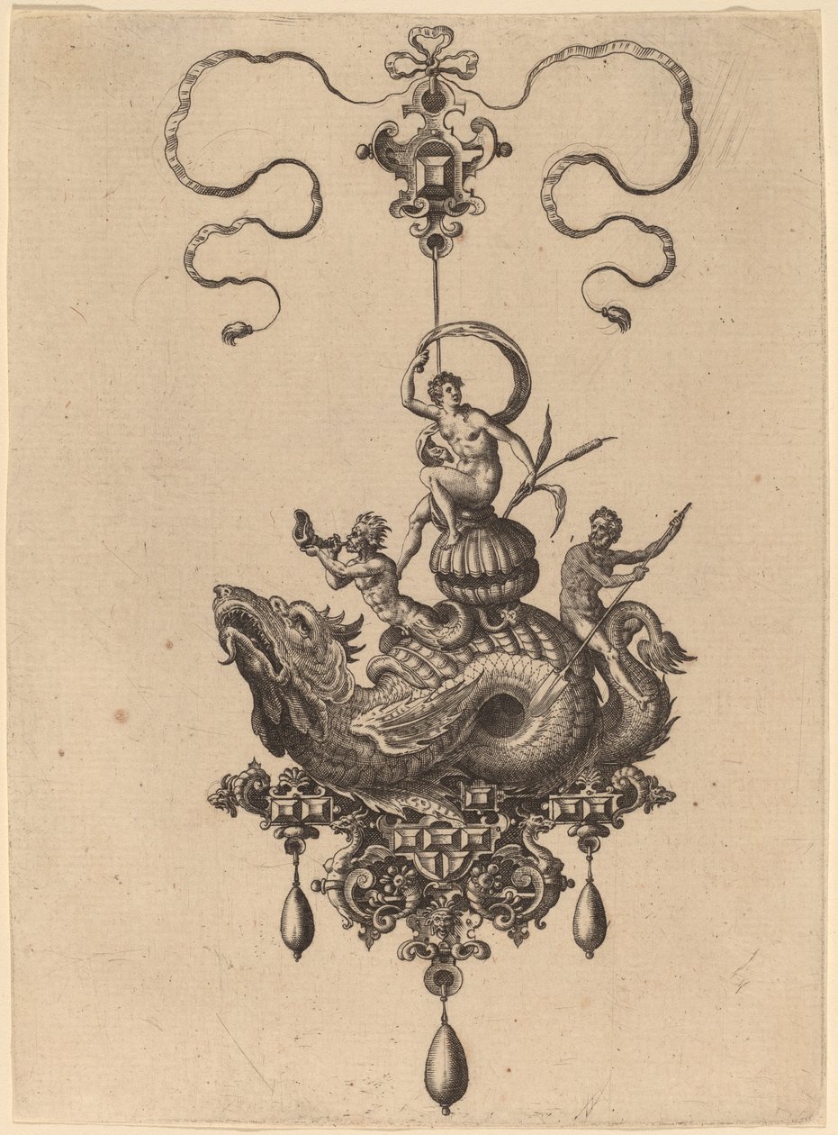 Design for a Pendant with Sea-Monster Carrying a Woman on a Shell Flanked by a Triton and a Man with an Oar by Hans Collaert the Elder