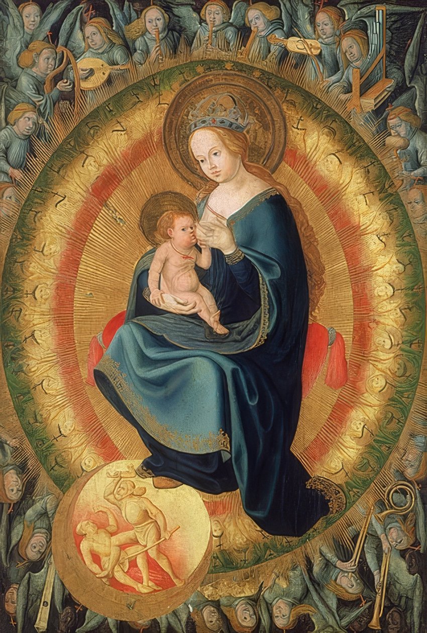 Mary Nursing the Child, in a Glory of Angels. 1500-10 by Hans Fries