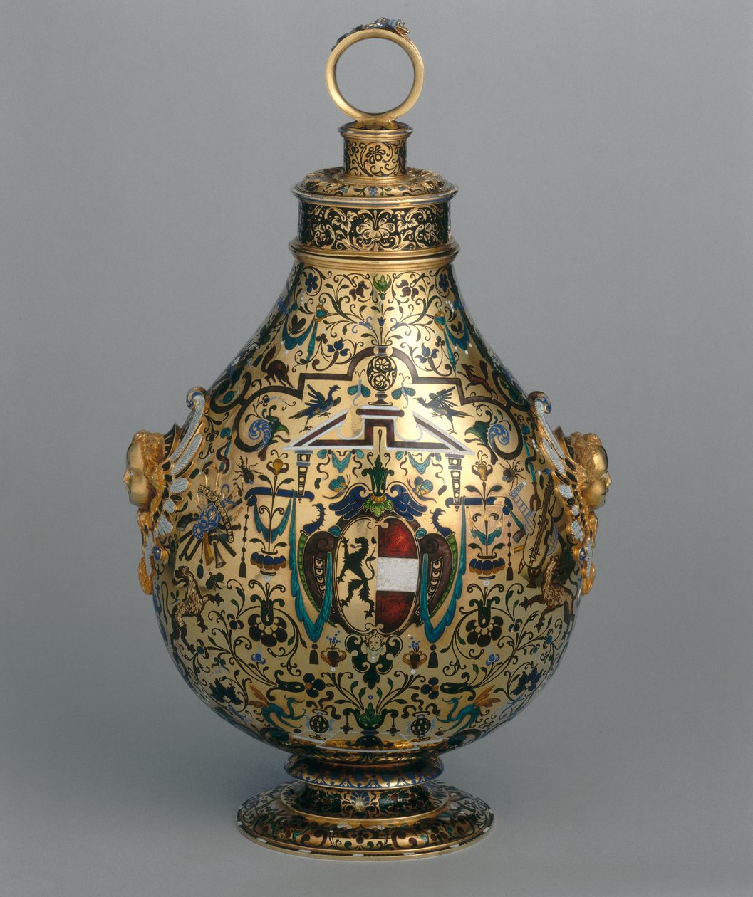 Flask in enameled gold decorated with grotesque figures and the coat of arms of the archbishop of Salzburg Wolf Dietrich von Raitenau by Hans Karl