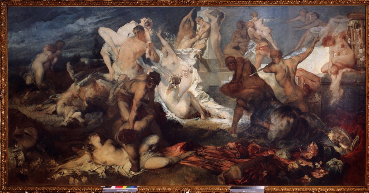 Battle of Centaurs and Lapiths. In Greek mythology, the Lapiths massacred the centaurs. by Hans Makart
