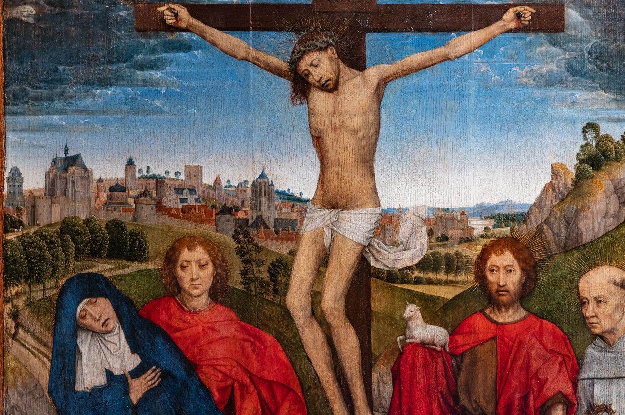 Crucified Christ with the Virgin, St. John the Baptist and the Evangelist, Mary Magdalena and two cistercian abbots (detail) by Hans Memling