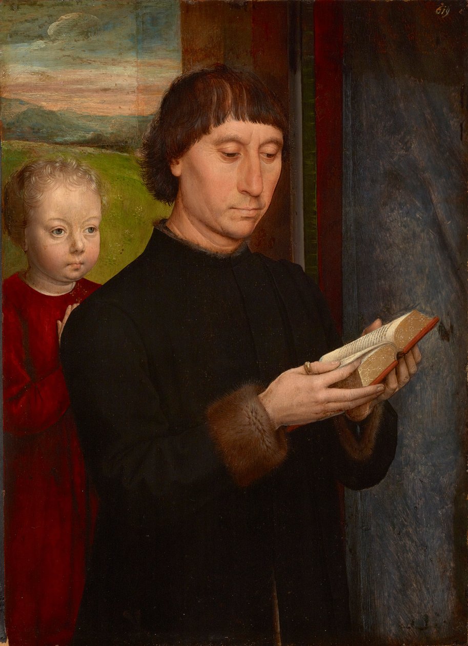 Praying man with his deceased son, by Hans Memling (1433/40-1494). Oil on wood by Hans Memling