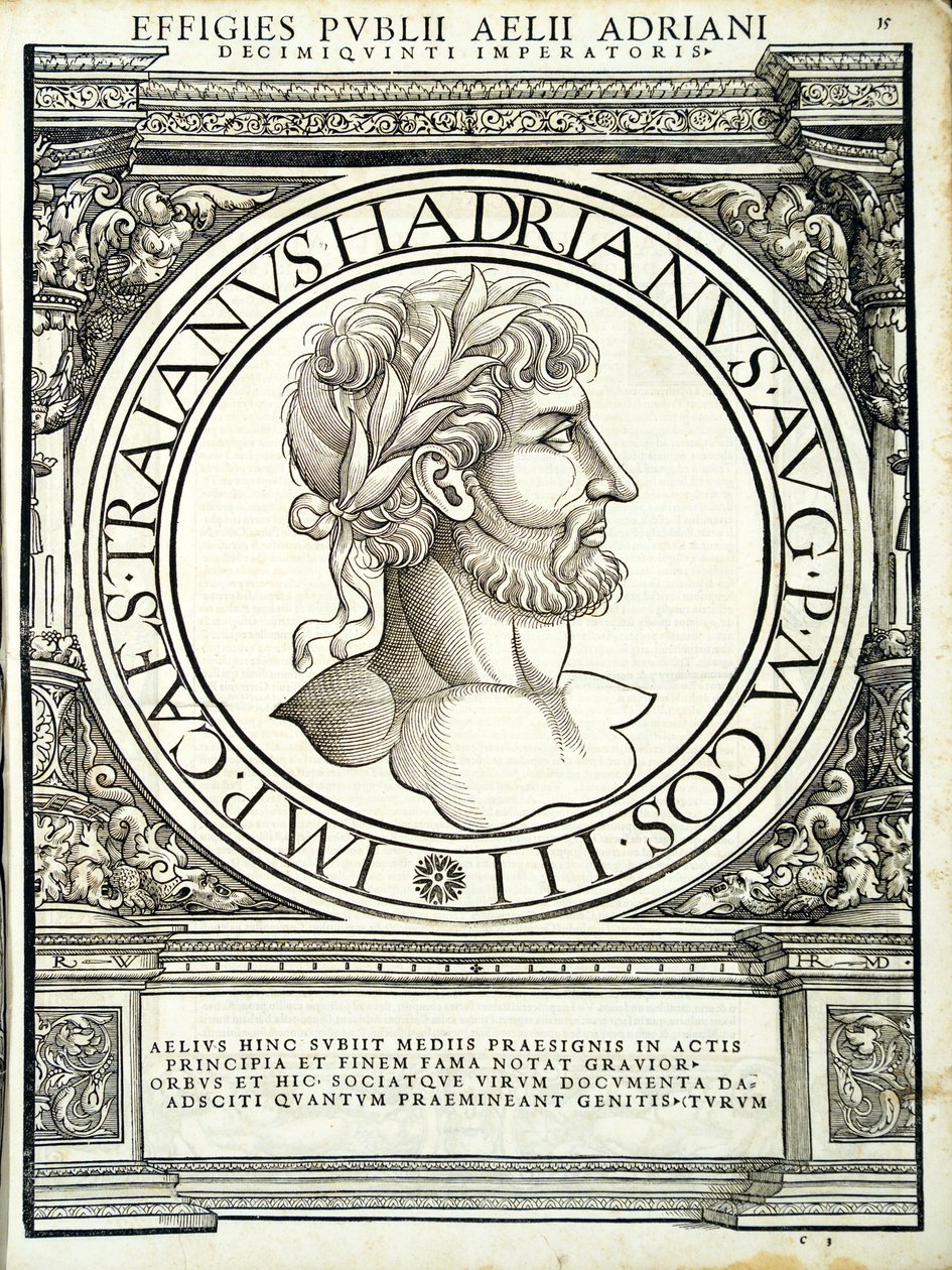 Aelius Hadrianus, illustration from Imperatorum romanorum omnium orientalium et occidentalium verissimae imagines ex antiquis numismatis by Hans Rudolf Manuel Deutsch