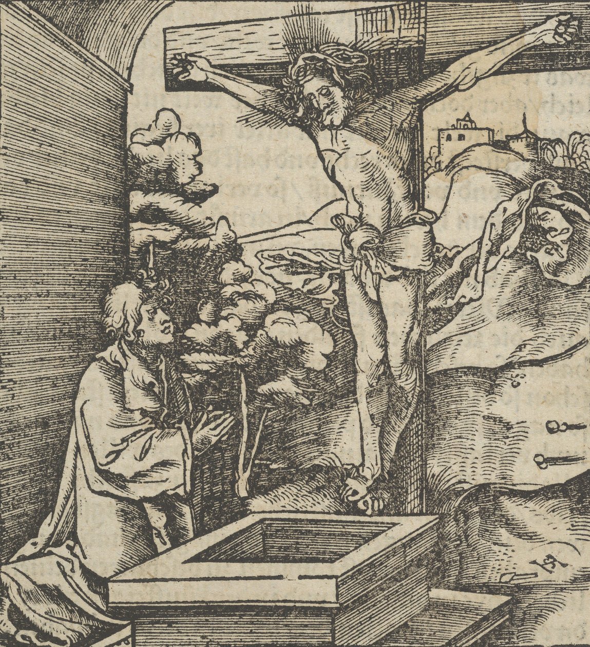 A Man Praying before a Crucifix, from Hymmelwagen auff dem, wer wol lebt..., 1517 by Hans Schäufelein the Elder