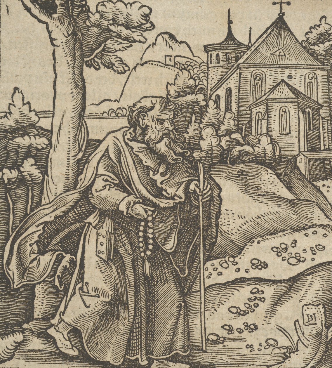 An Old Pilgrim Walking to the Right, from Hymmelwagen auff dem, wer wol lebt... by Hans Schäufelein the Elder