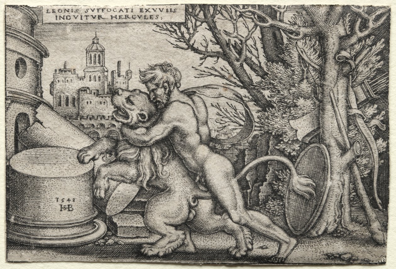 The Labors of Hercules: Hercules Strangling the Nemean Lion by Hans Sebald Beham