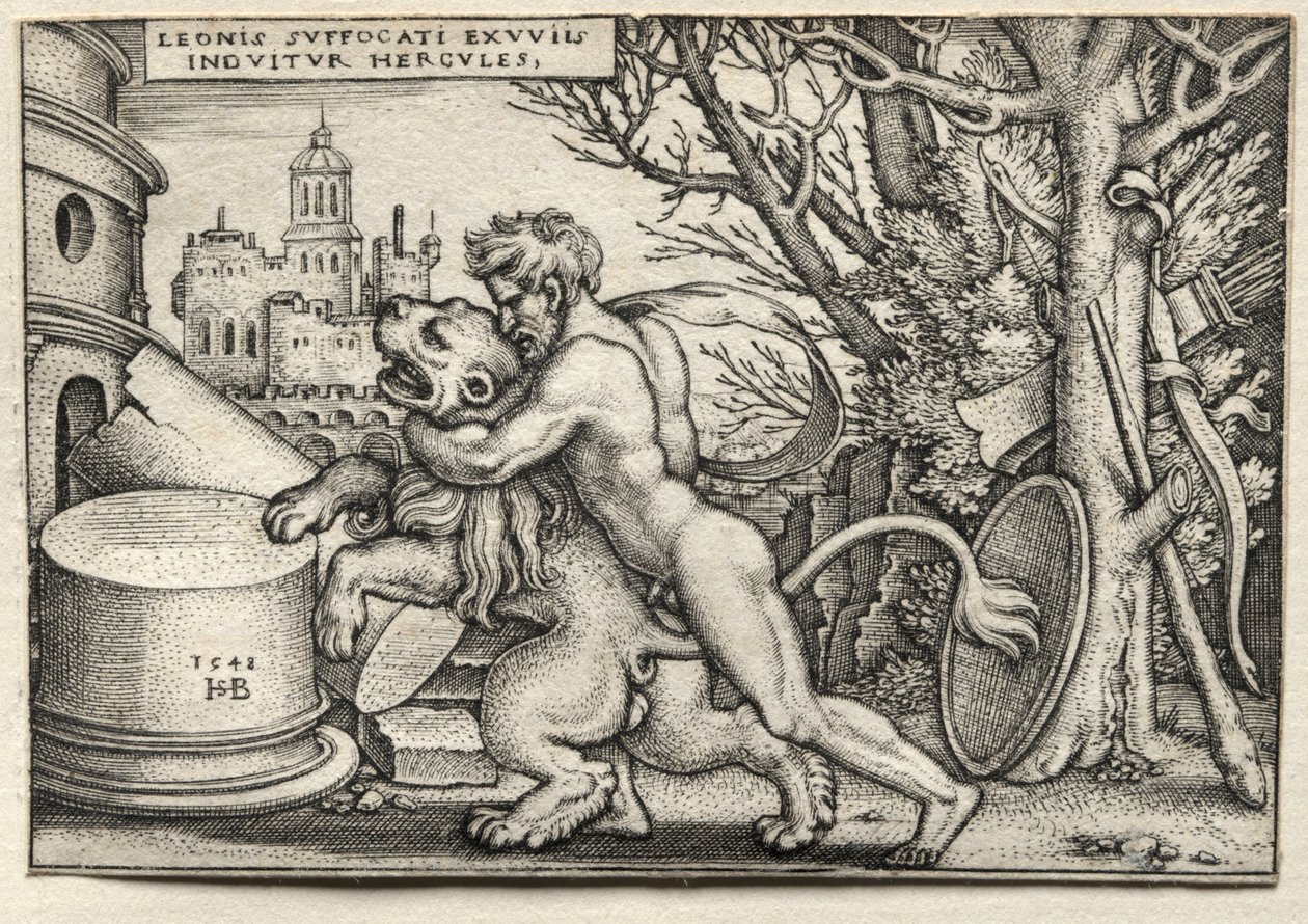 The Labors of Hercules: Hercules Strangling the Nemean Lion by Hans Sebald Beham