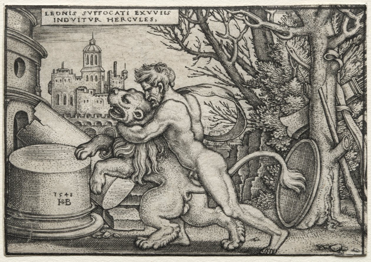 The Labors of Hercules: Hercules Strangling the Nemean Lion by Hans Sebald Beham