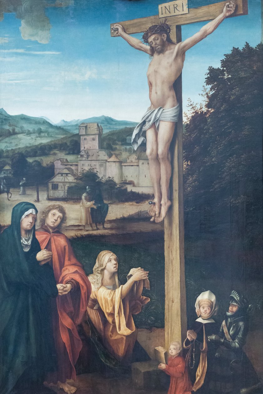Christ crucified with Mary, St John, St Mary Magdalen and patrons by Hans Suess Kulmbach