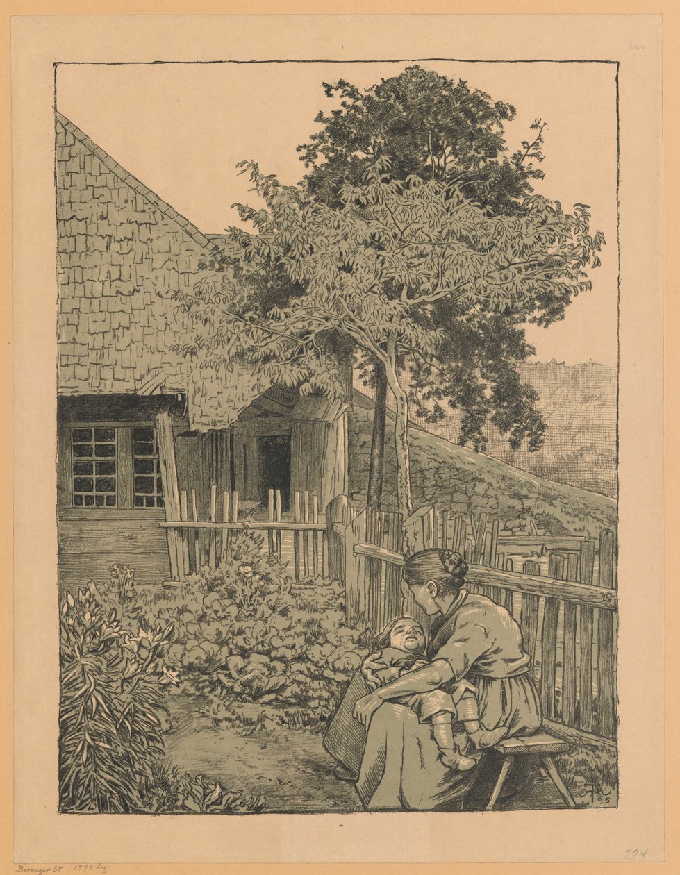 Woman with Child Sitting in a Garden in Front of a House in the Black Forest by Hans Thoma