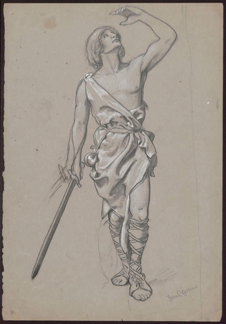 Man in Robe with Exposed Torso, Hunting Horn at Side and Sword in Right Hand by Hans Thoma