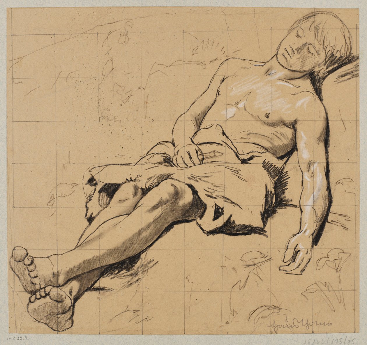 Half-Naked Shepherd Wearing a Loincloth, Sleeping in a Meadow by Hans Thoma