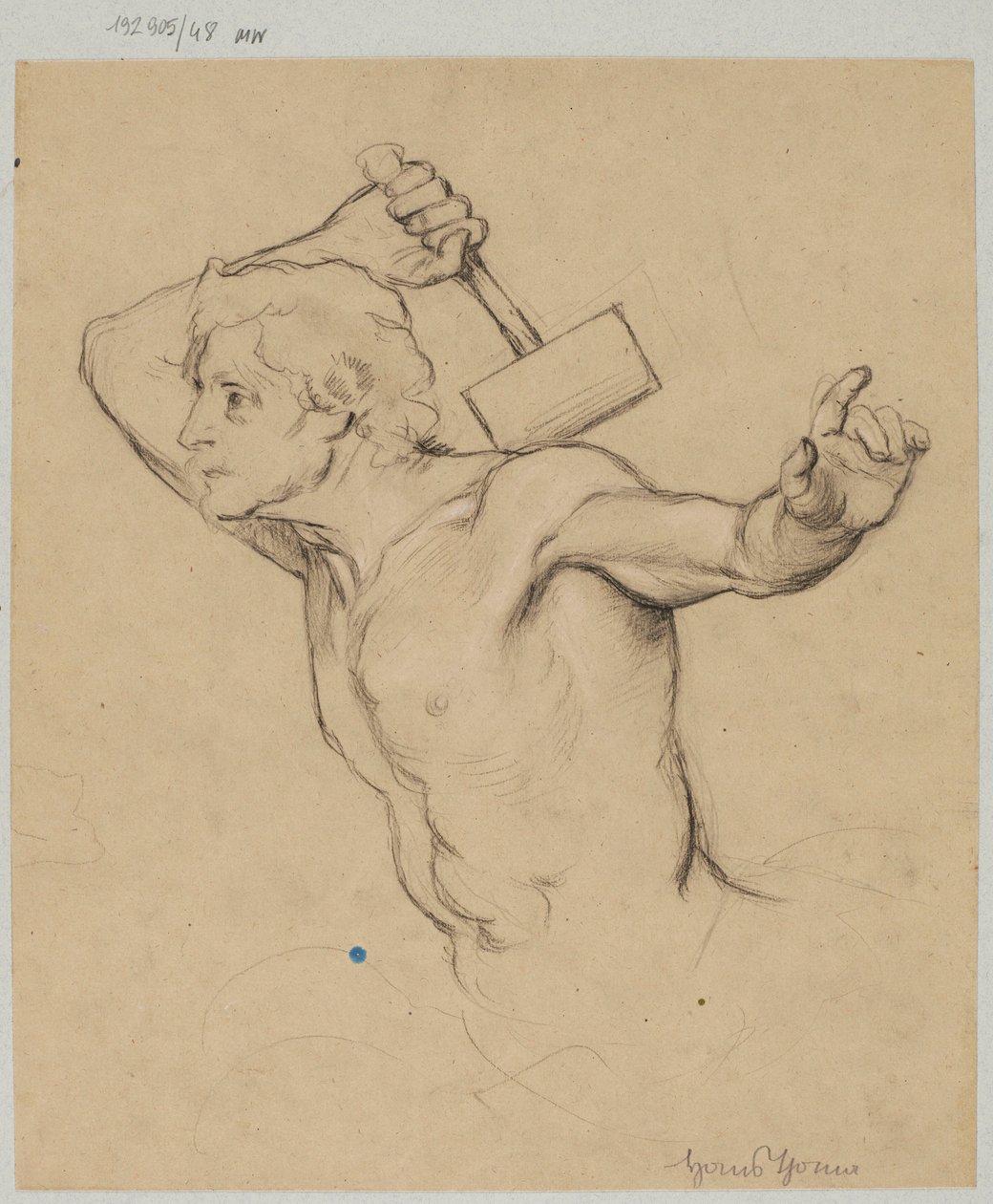 Study of a Naked Man, Shown to the Waist, Raising a Hammer by Hans Thoma