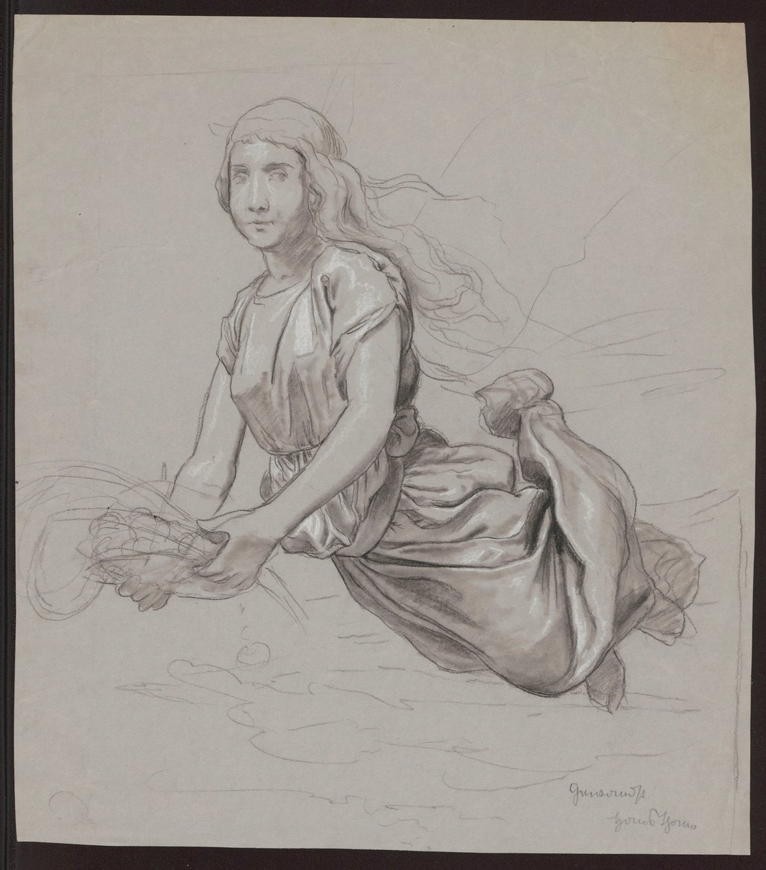 Study of a Female Figure Floating Above the Ground; Verso, Repetition of the Composition in Outline by Hans Thoma