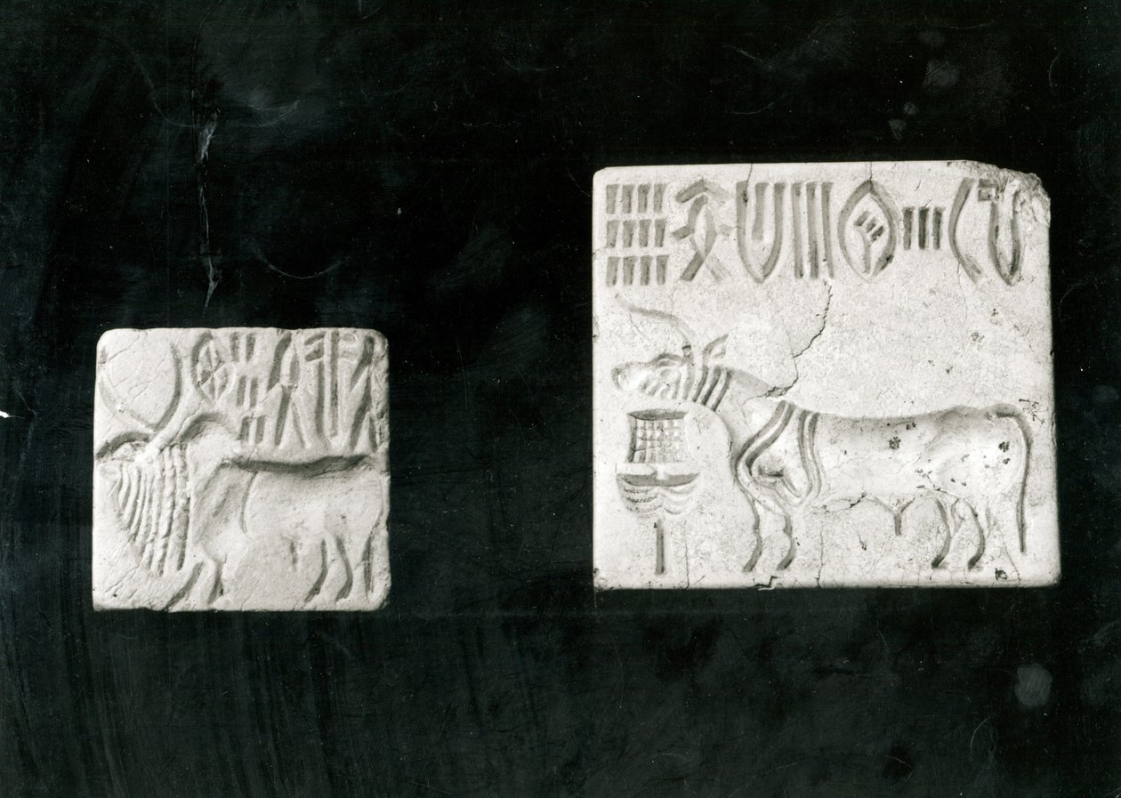 Two decorated seals depicting a zebu and a bull, from Mohenjodaro, Protohistoric by Harappan