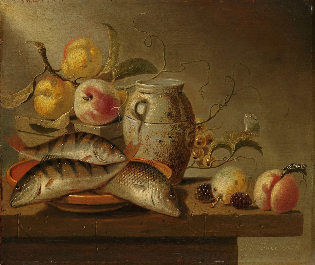 Still Life with Earthenware Jar, Fish and Fruit by Harmen Steenwijck