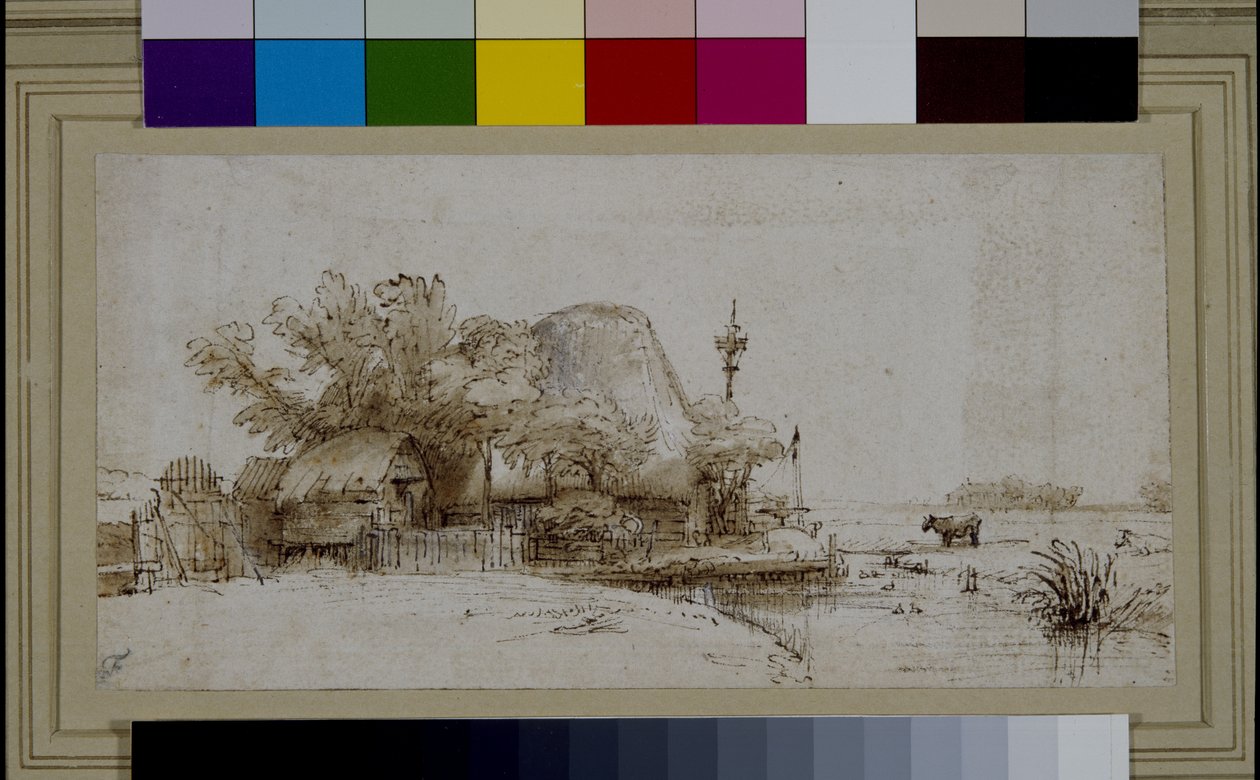 Landscape with a farmhouse by a river by Harmensz Van Rijn (after) Rembrandt