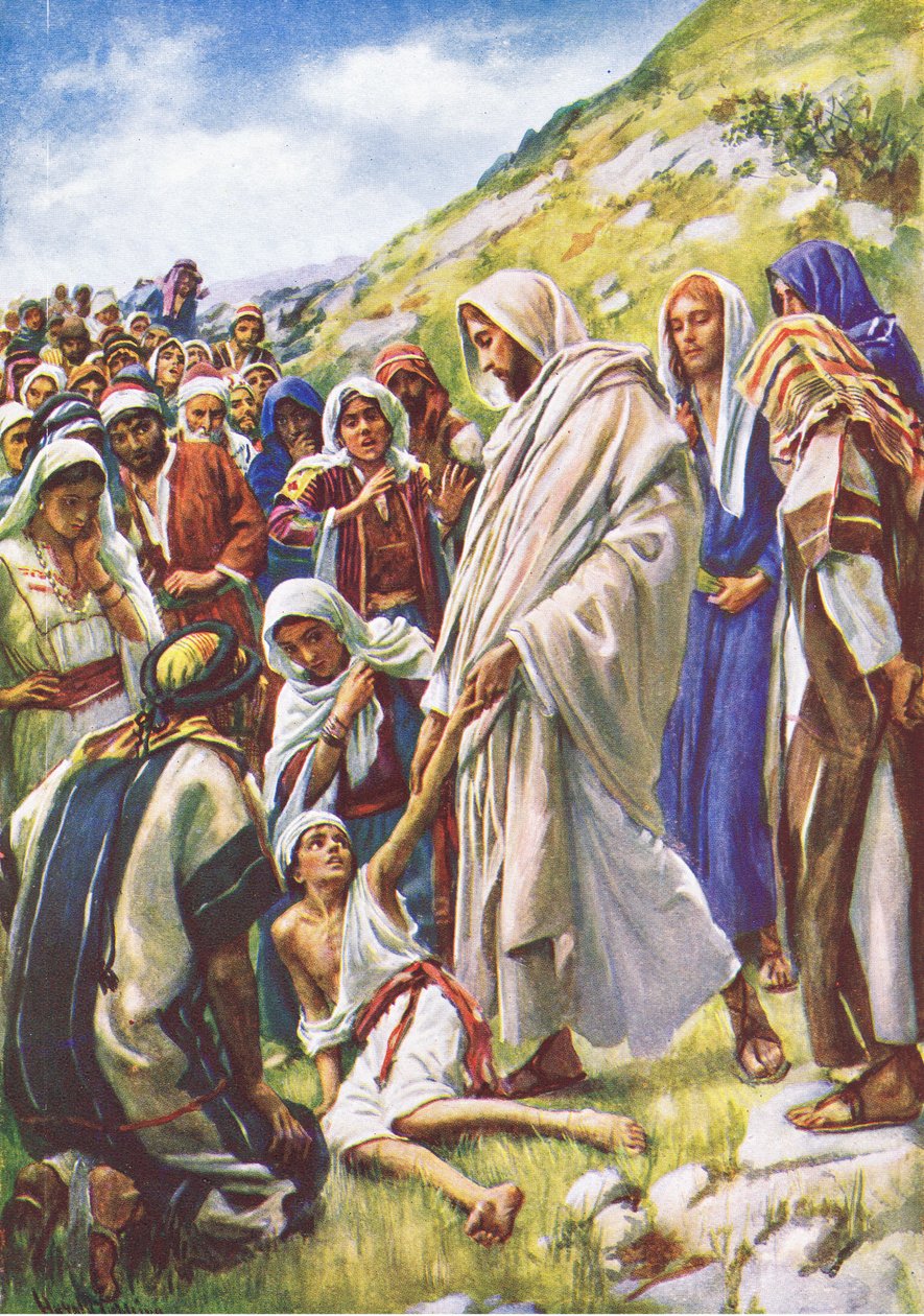 Jesus heals the little boy, illustration from Harold Copping Pictures: The Crown Series by Harold Copping