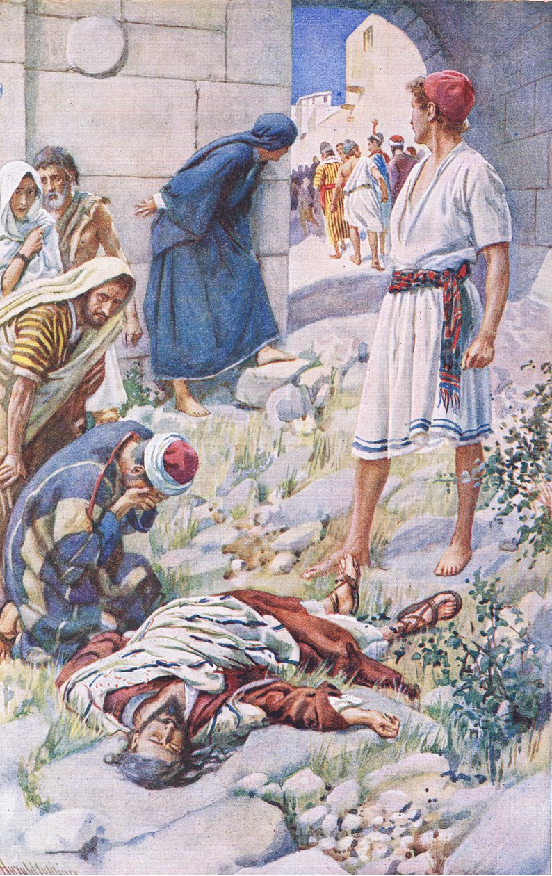 St Paul stoned, illustration from Harold Copping Pictures: The Crown Series by Harold Copping