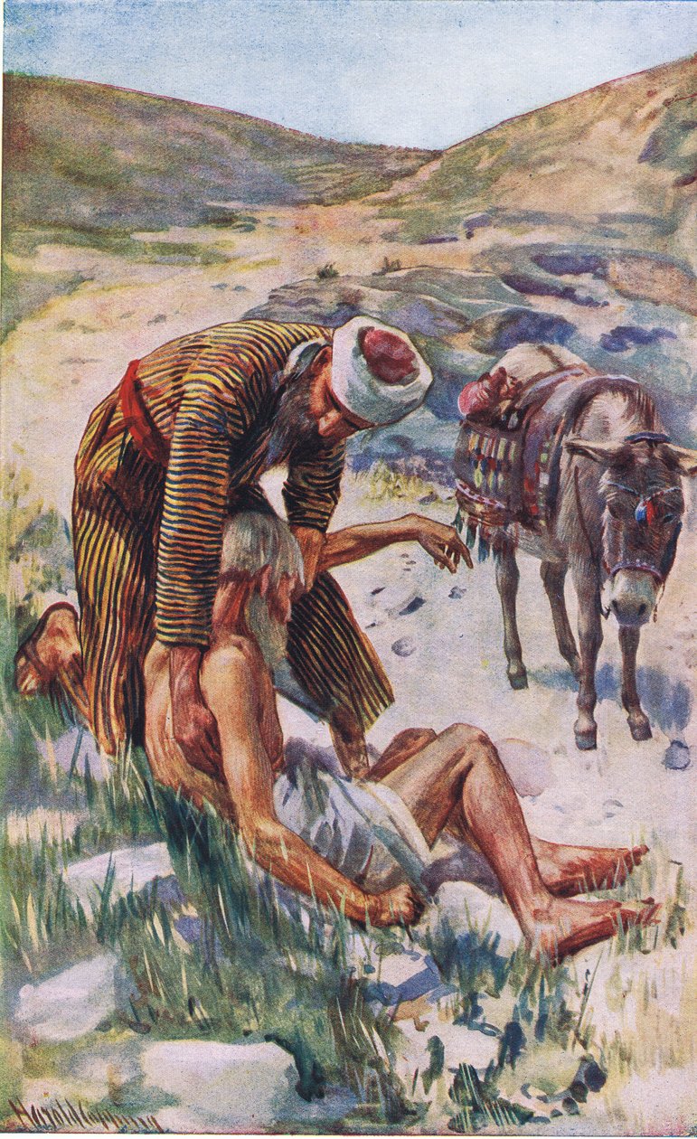 The good Samaritan, illustration from Harold Copping Pictures: The Crown Series, c.1920s by Harold Copping