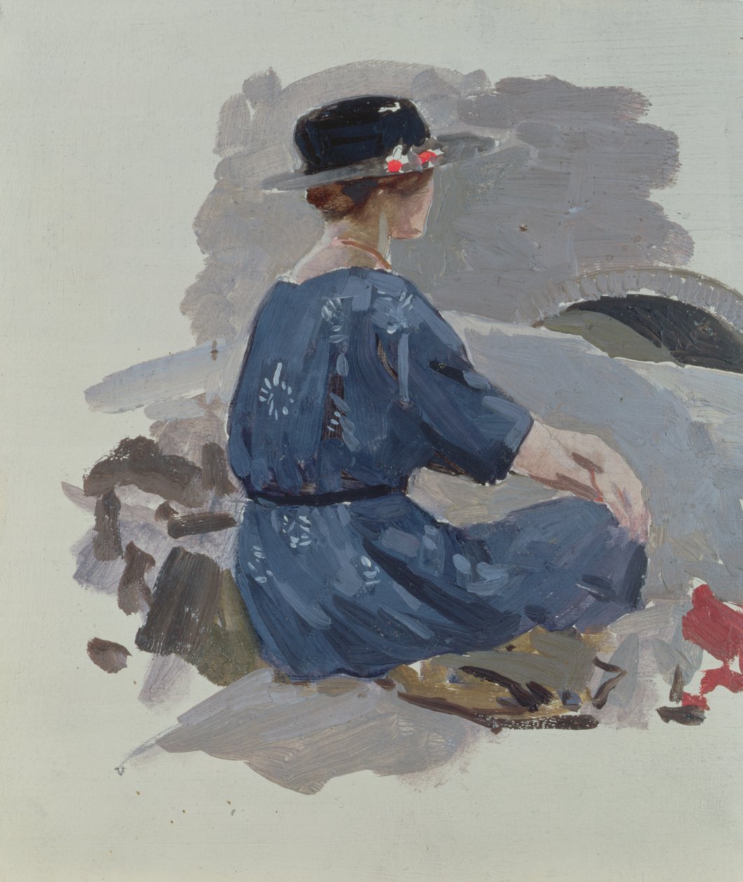 Woman in a blue dress and wide brimmed hat sitting upon rocks by Harry Watson