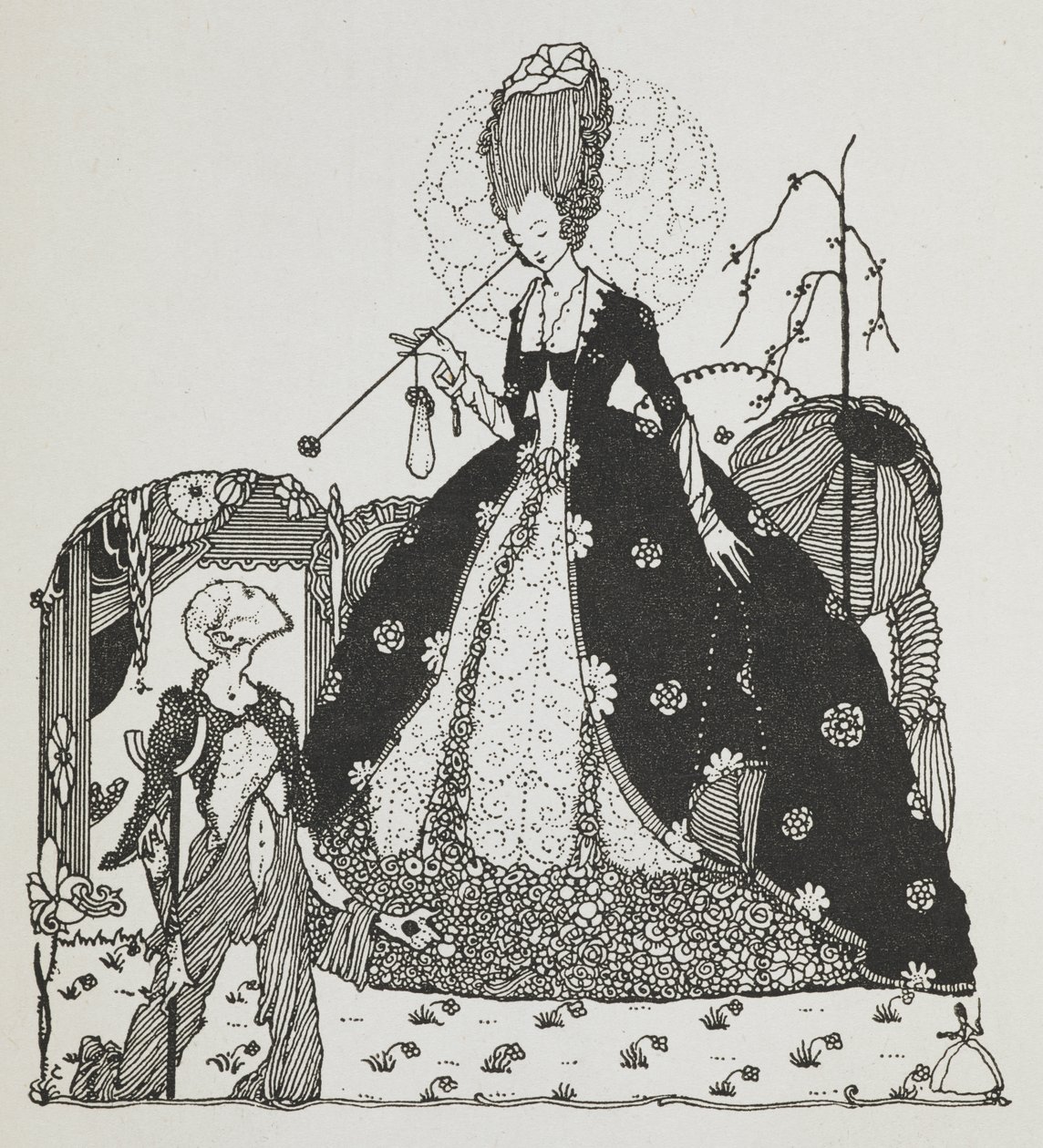 A lady looking down at a peasant, begging for money by Harry Clarke